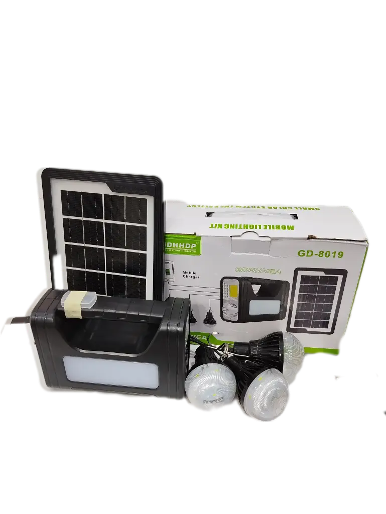 KIT DE ILUMINACION RECARGABLE CON TRES BOMBILLOS Y PANEL SOLAR