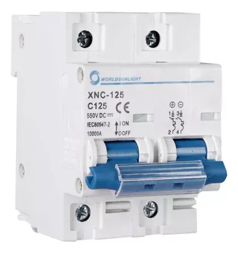 Minibreacker de CC XNC-125 125 A 550V 2P DC MCB Termomagnético 125A 550Vdc 10kA Worldsunlight