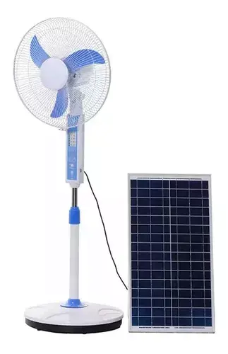 Ventilador de pie recargable + panel 16´´ 12V 3 velocidades Pmáx: 13W Lámpara led, puerto USB y control remoto PV: 16Wp 110Vca 60Hz